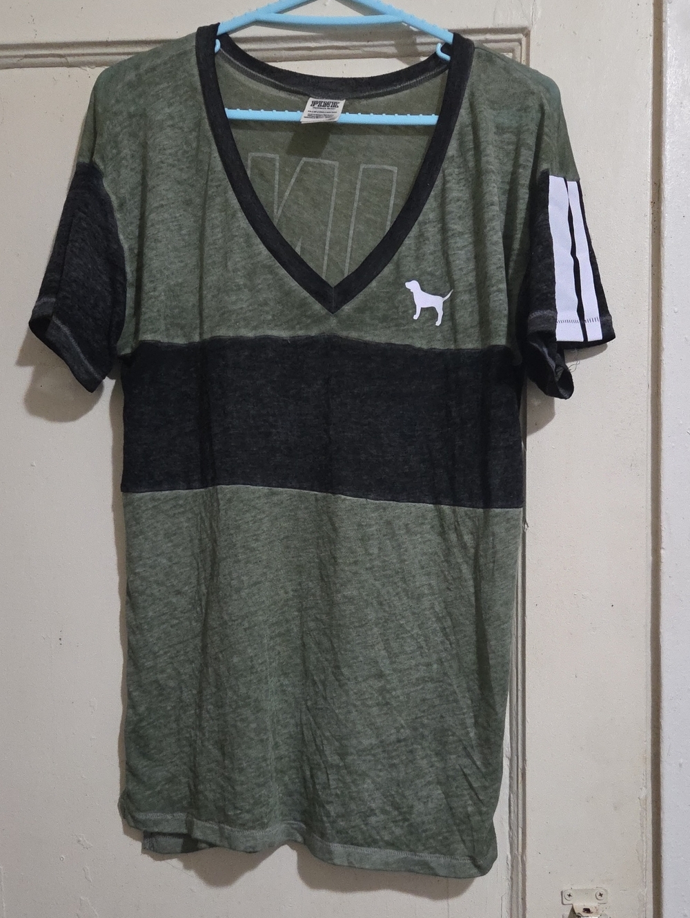 PINK Victoria's Secret Olive Green Tee with Charcoal Trim